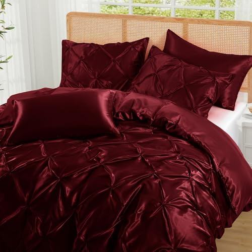 P Pothuiny 5-teiliges Bettwäsche-Set aus Satin, Biesen, Burgunderrot | Seidiger, handgefertigter Bettbezug mit Eckbändern, 2 Kissenbezüge + 2 Kissenbezüge (ohne Decke)