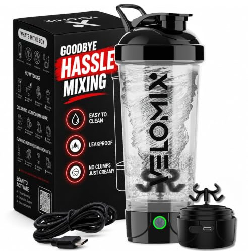 VELOMIX Electric Protein Shaker Bottle - 24 oz | USB-C Rechargeable | Leak Proof Shaker Cups for Protein Shakes | Portable Blender for Shakes and Smoothies (Electric-Transparent)