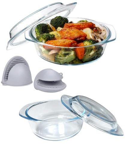 Winder Home Oval Kleine Auflaufform Glas mit Deckel 1 L + Silikon Backhandschuhe, Lasagne Glas Auflaufform, 17 x 20 x 7cm, Lasagneform 1 Person, Temperaturbeständig