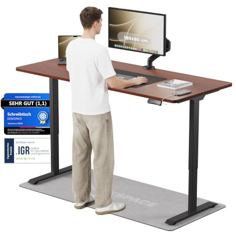 DESKSPACE PRO Elektrisch höhenverstellbarer Schreibtisch (180x80 cm) | Bürotisch mit Kollisionsschutz, Memory-Funktion, USB-Anschluss, 10 Jahre Garantie (Gestell schwarz, Tischplatte Mahagoni)
