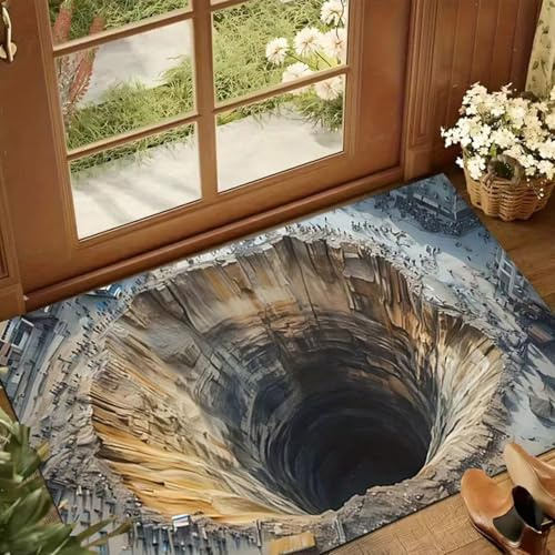 3D Teppich Optische Täuschun, 50x80x2cm 3D Optische Täuschung Endloser Abgrund Fußmatte, rutschfeste Und Saugfähige Fußmatte Mit Abgrund Illusion Für Badezimmer, Küche, den Innen und Außenbereich