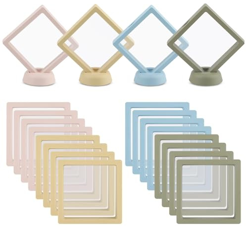 20 marcos flotantes 3D con soporte, soporte flotante para monedas, película de polietileno transparente a prueba de polvo, caja de almacenamiento portátil para aretes, collares, pulseras, vitrinas