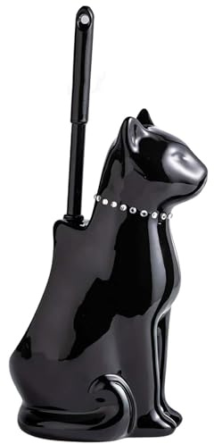 Cat Toilet Brush Holder - Ceramic Whimsical Feline Design with Wide-Mouth Storage, Black Toilet Bowl Brush and Holder Set Cute
