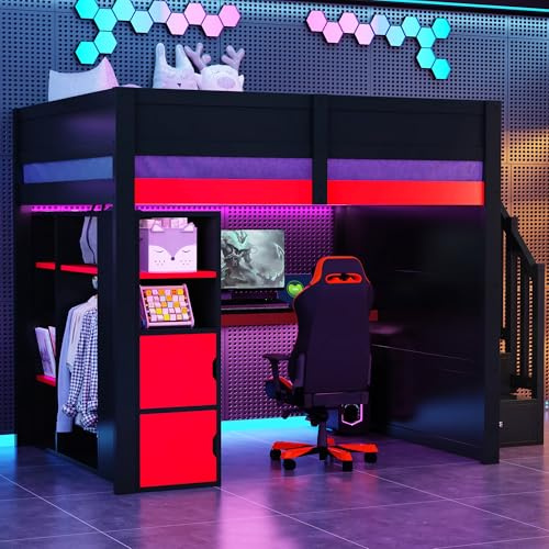 FAYICIC 140x200 Gaming-Holz-Hochbett mit Schreibtisch, mehrstufigem Stauraum, LED-Beleuchtung, USB-Ladeanschluss und schwarzer Treppe mit Stauraum, Schwarz + Rot