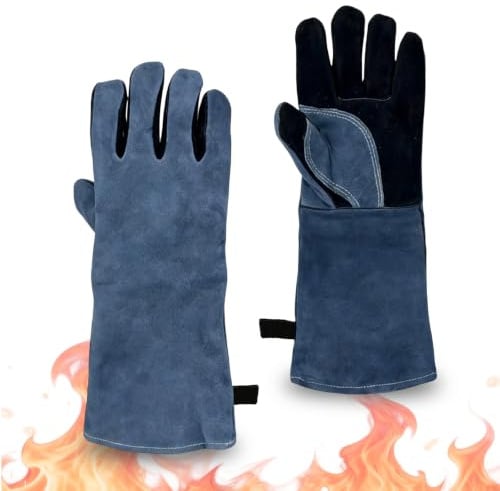 Hitzebeständige Leder Grillhandschuhe, Extra Lange Ofenhandschuhe und Kaminhandschuhe mit Aufhängung, Feuerfeste Hitzeschutz Handschuhe für BBQ, Küche, Grill, Kamin und Schweißen, 1 Paar