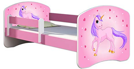 Kinderbett Jugendbett mit einer Schublade und Matratze Rausfallschutz Rosa 70 x 140 80 x 160 80 x 180 ACMA II (17 Pony, 80 x 180 cm)