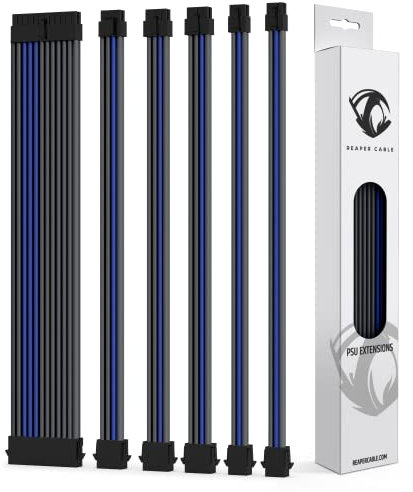 Reaper Cable Sleeved PSU Extension Set - Power Supply Extensions - 1x 24 Pin/ 2x 8 Pin/ 2x 6 Pin/ 1x 4+4 Pin - With Combs - 30cm (Carbon & Electric Blue)