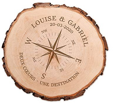 Casa Vivente Tranche de Tronc d'arbre avec Gravure Personalisée, Deux Cœurs Une Destination, 2 Prénoms et 1 Date