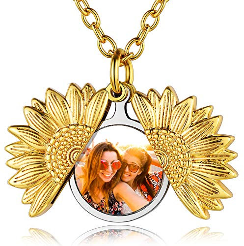 Custom4U Médaillon Porte Photo Femme Plaqué Or Jaune Collier Tournesol Personnalisable Pendentif Prénom Personnalisé Bijoux Fantaisie Cadeau Gravure Maman Femmes Enfant Fille