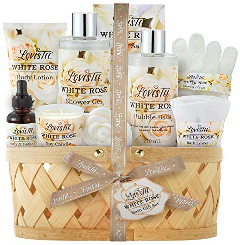 Panier cadeau spa pour le bain et le corps pour femme, meilleur cadeau pour Noël, fête des mères et anniversaire, kit rose blanche comprend lotion pour le corps, gel douche, bain à bulles, sel de