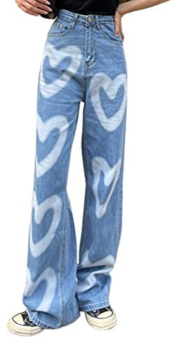 Tomwell Damen Stretch Jeans Streetwear Knöpfe Gerade Jeanshose Mit Hohem Bund Frauen Mode Patchwork Pants Retro Weites Bein Hosen Bootcut Schlagjeans Hip Hop Freizeithose Mit Taschen Y Blau M