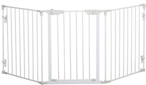 PawHut Absperrgitter für Hunde Schutzgitter Hundegitter Türschutzgitter 3 Elemente inkl. Sicherheitstür, Wandmontierte Haltung für Kamin & Ofen, Metall Weiß 180 x 3 x 74,5 cm