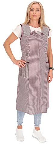 Reißverschluss Kittel gestreift Hauskleid Baumwolle Schürze Kochschürze, Farbe:bordeaux, Größe:48