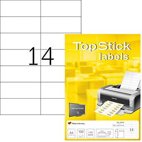 TopStick 8714 Universal Etiketten, 1000 Blatt, 105 x 42,3 mm, 14 pro A4 Bogen, 14000 Stück, selbstklebend, bedruckbar, matt, blanko Papier Klebeetiketten Aufkleber, weiß