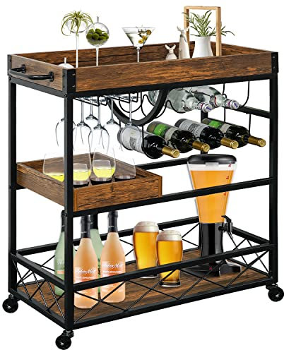 Ohsuaniy Barwagen für Zuhause, 3 Reifen Industrial Rolling Servierwagen auf abschließbaren Rädern, Alkoholischer Getränkewagen mit 2 abnehmbaren Tabletts, Weinregal und Glashalter für Indoor, Outdoor