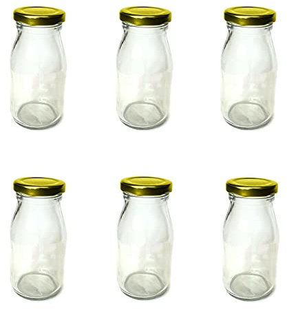 AuraHome VG ® Set of 6 Classic Mini Glass Milk Bottles with Gold lids - Funky, Retro Design - Great for Weddings, BBQ, Parties,Picnics, Events, Presentation or just taking milk to work ! 200ml