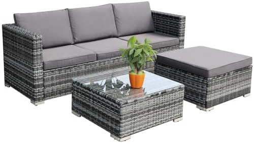 Enjoy Fit Hansson Polyrattan Gartenmöbel Lounge Set Sitzgruppe Garnitur Poly Rattan inkl. Sofa Sessel Kissen Hocker Tisch mit Glas (1xEcksofa, 1xDoppelsofa rechts, 1xTisch & Hocker)