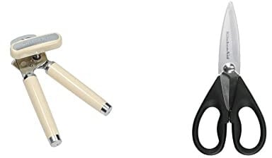 KitchenAid Stainless Steel Tin Opener – Almond Cream & Multi-Purpose Scissors, Easy Grip Stainless Steel Kitchen Shears – Black