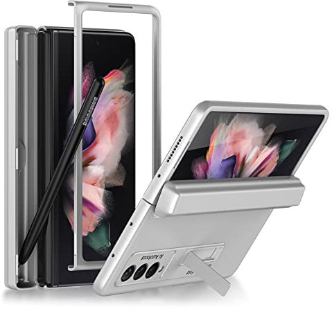 KumWum Coque Compatible avec Samsung Galaxy Z Fold 3 5G Etui avec Fente pour Stylet Ultra Mince Protection Housse avec Béquille et Protection Charniere - Argent