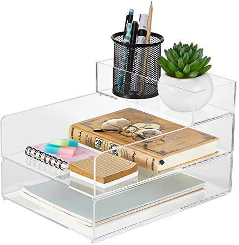 Yulejo Bandeja apilable de papel acrílico transparente, organizador de escritorio, tamaño carta, bandeja de archivos de papel para documentos de oficina, espacio de trabajo (3 niveles)