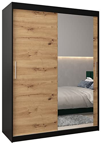 MEBLE KRYSPOL Kleiderschrank mit Spiegel Tokyo 2 - Garderobenschrank - Schrank Schlafzimmer - Mehrzweckschrank Zwei Schiebetüren - Regalen - Flur Möbel - Kleiderstange Schrank - Allzweckschrank
