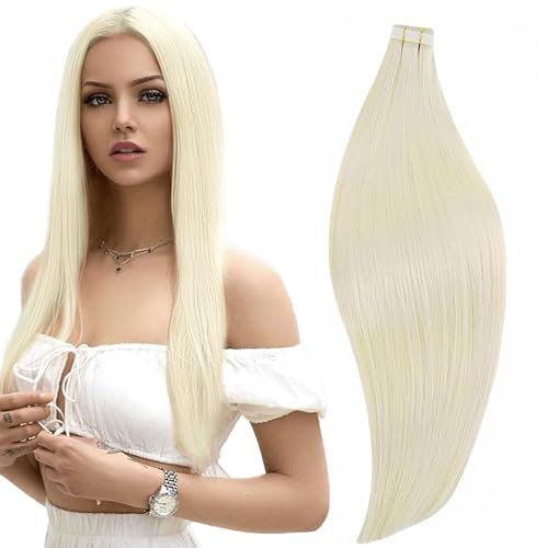 RUNATURE Extensiones Adhesivas Pelo Natural 60 cm Extensiones de Cabello Adhesivas Rubio Platino Extensiones Cinta Adhesivas Pelo Humano Extensiones Pelo Liso Adhesivas 24 Pulgadas 20pcs/50g #60
