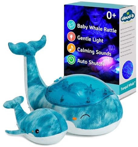 Cloud b Blue Tranquil Whale - White Noise Machine Baby & Night Light Kids - Soft Light Ocean Projector with Soothing Sounds | Adjustable Settings, Auto Shut Off | Includes Baby Whale Rattle