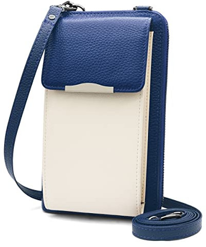 Handytasche zum Umhängen Leder Handy Umhängetasche Damen RFID Geldbörse Damen mit 18 Kartenfächern Klein Handytasche mit Geldbörse zum Umhängen für Handy unter 7,2 (Blau-weiß)