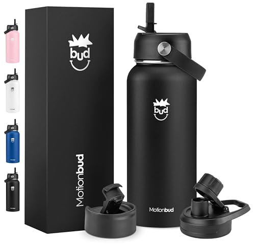 Motionbud 900 ml Wasserflasche | Edelstahl, vakuumisoliert, auslaufsichere Wasserflaschen | breite Öffnung, 3 Deckel (Chug, Flip & Strohhalm-Deckel) | Schwarz
