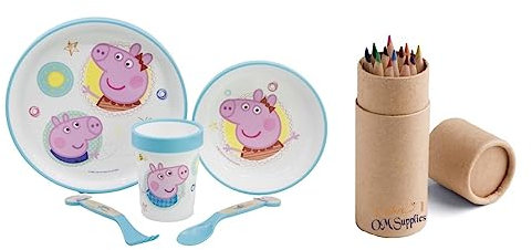 Peppa George Microwave Safe Cartoon Character Non Slip Bicolor Premium Dinner Tableware Set for Children Plate, Bowl, Cup & Cutlery Set BPA Free re-usable Plastic (Peppa)