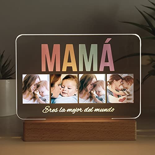 Transparent Gift Lámpara Personalizada Mamá Con Fotos Multicolor y Frase para Día de la Madre, Regalo Cumpleaños Mujer. Ideas Regalos Originales para Mamá. Diseño en Placa Metacrilato con Luz