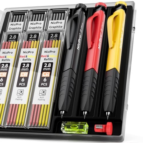 Nicpro Tischler Bleistifte Set, 3 Solide Zimmermannsbleistifte mit 39 Ersatzminen und Abnehmbaren Fingergriffe, Tieflochmarker mit Eingebauter Spitzer für Holzbearbeitung, Baustelle-mit Etui