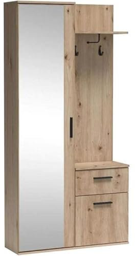 MINIO go for it - Flurgarderobe Schmal Alex I Flur Möbel 97cm Breit I Flurgarderoben mit Spiegel I Garderobenpaneel I Wandgarderobe mit Ablage und Schuhschrank I Farbe Artisan Eiche