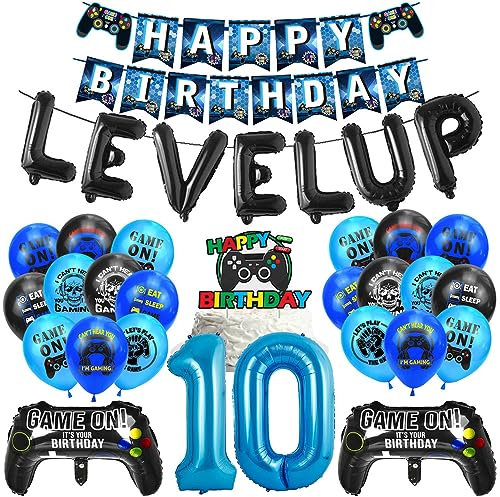 Gamer Geburtstags Deko 10. Geburtstag Ballon Set Videospiel Luftballons Zahl 10 Folienballon Happy Birthday Banner 10 Jahre Jungen Spiel Ballons Cake Topper für Kinder Game Thema Party Dekoration
