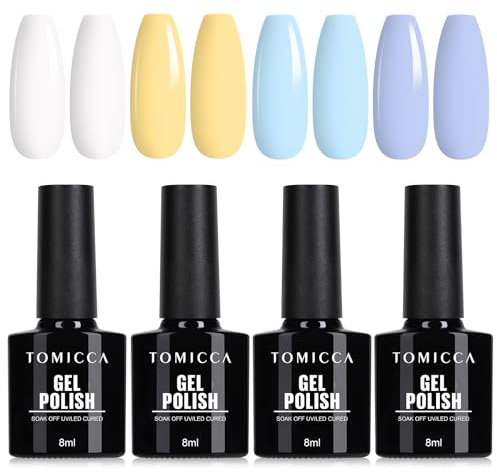 TOMICCA UV Nagellack Set, 4 Farben Weiß Gelb Cremiges Blau Sommer Gel Nagelfarben, UV Lampe Soak-Off UV/LED Schellack Nagellack, für Nagelstudio und DIY Maniküre zu Hause, 8ML
