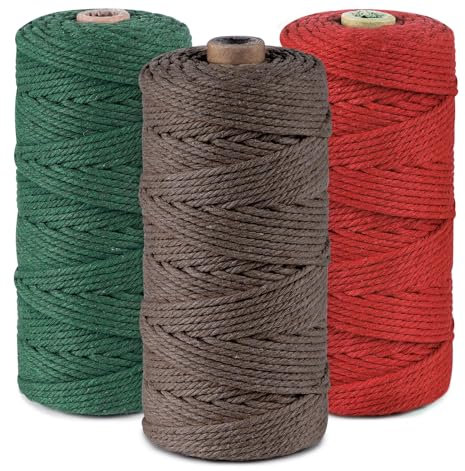 Makramee Garn 3er Set, Weiche Baumwollgarn Baumwollschnur Makramee 3mm für DIY Projekte - 3 x 100m Baumwolle Baumwollkordel zum Makramee Wandbehang, Traumfänger, Blumenampel,Rot+Kaffee+Grün