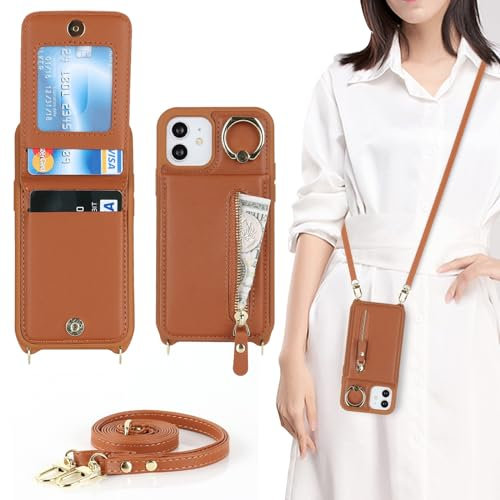 Zouzt for iPhone 12 Mini Case with Cord and Card Holde, Zipper Wallet Case with Crossbody Lanyard Ring Adjustable Necklace Protective Cover Women for iPhone 12 Mini 5.4 Inch - Brown