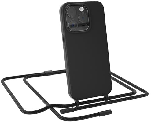 EAZY CASE - Handykette kompatibel mit iPhone 15 Pro - dünne Handyhülle Hülle mit Band als Fallschutz Kette zum Umhängen stoßeste Hülle Silikon mit Mikrofaser in Schwarz