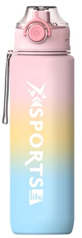 Mi Ko Mi Ka Botella de Agua Deportiva de 1 Litro | Sin BPA | Boquilla para Deporte de Varios Tipos | Opción Con Texto Motivacional (Rosa-Azul #B)