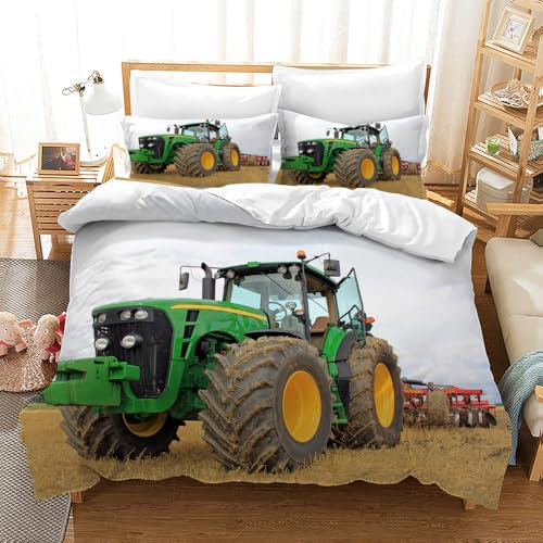 Leleyouzer 3D Traktor kinderbettwäsche,Weiche Mikrofaser Traktor-Bettbezug mit 2 Kissenbezug 50 x 75 cm (Tractor 1, 135×200 cm)