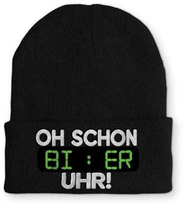 tshirtladen Oh Schon Bier Uhr Spruchmütze Strickmütze Wintermütze lustige Beanie mit Stick OneSize Mütze, Farbe: Black