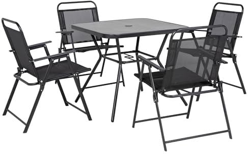 Outsunny Set da Giardino con 4 Sedie Pieghevoli e Tavolo con Foro per Ombrellone, Salotto da Esterno in Acciaio e Tessuto a Rete, Nero