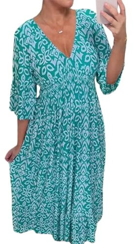 MIOKUKO Bohemian Casual Print V-Neck Shirred Waist Long Dress, Summer 3/4 Sleeve Dress, Plus Size Floral Dress for Women (B,2XL)