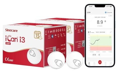 Sinocare Monitor Glucosa 15 Días Continuos, Sensor Glucose, Sin Escaneo, Sin Punción Dedo, Kit Prueba Azúcar en Sangre para Monitoreo Diabetes, iCan i3 CGM (Paquete de 2)