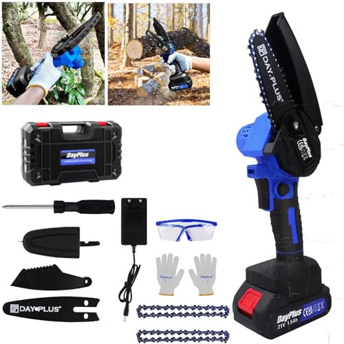 Mini motosega a batteria 21 V, 4 pollici (10 cm), con 1 batteria e caricabatterie, 2000 spm, motoseghe elettriche per giardinaggio, alberi/agricoltura