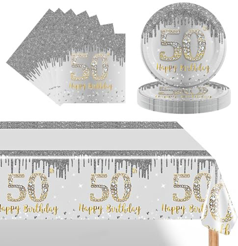 POPOYU 37Pcs White and Gold 50th Birthday Tableware Set,Silver Party Plates 50th,50th Birthday Plates and Napkins,50thBirthday Table Cloth for Him Her Men Women BirthdayGift Party Supplies