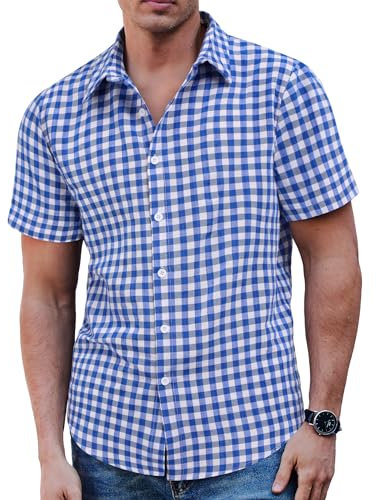 COOFANDY Men's Short Sleeve Shirt Casual Plaid Button Down Checked Cotton Summer Shirts Country White Blue L