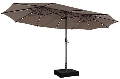 GOPLUS Parasol de Jardin Exterieur avec Pied, 4,7x2,8M Parasol Double avec LED 48 Lampes Solaires, Grand Parasol avec Manivelle et Base, Parasol Extérieur pour Terrasse, Patio, Marché (Café)