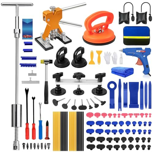 129 st buckeldragarkit, färglös buckelreparationssats för borttagning av bucklor, färglös bucklor med T-stång, brodragare, gyllene lyftare, bilbuckeldragarsats för hagelskador dörr kylskåp