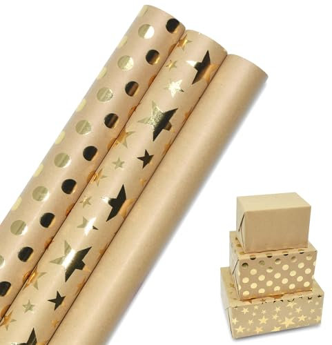 3 rouleaux de papier d'emballage kraft métallisé et brillant étoiles et points 17x10 pieds papier d'emballage recyclable pour anniversaires décorations de cadeaux de festival de mariage